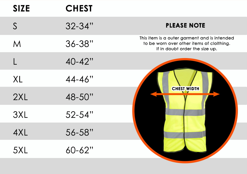 size guide for the vest; Small: 32-34 inch; Medium: 36-38 inch; Large:40-42 inch; XL:44-46 inch; 2XL:48-50 inch; 3XL:56-58 inch.