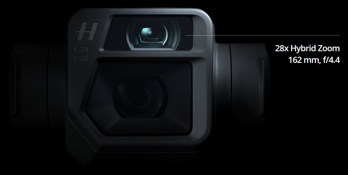 Mavic 3 camera with the zoom camera labeled with 28x hybrid zoom, 162 mm, f4.4