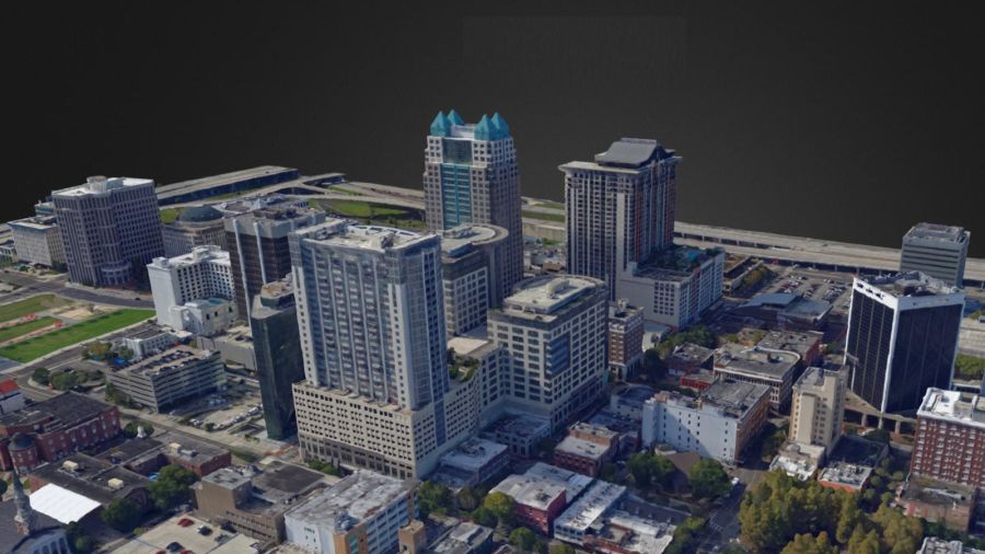 3d textured mesh of high rise buildings in a city