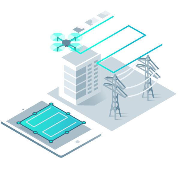 Graphic of a quadcopter drone flying over pylons and a building