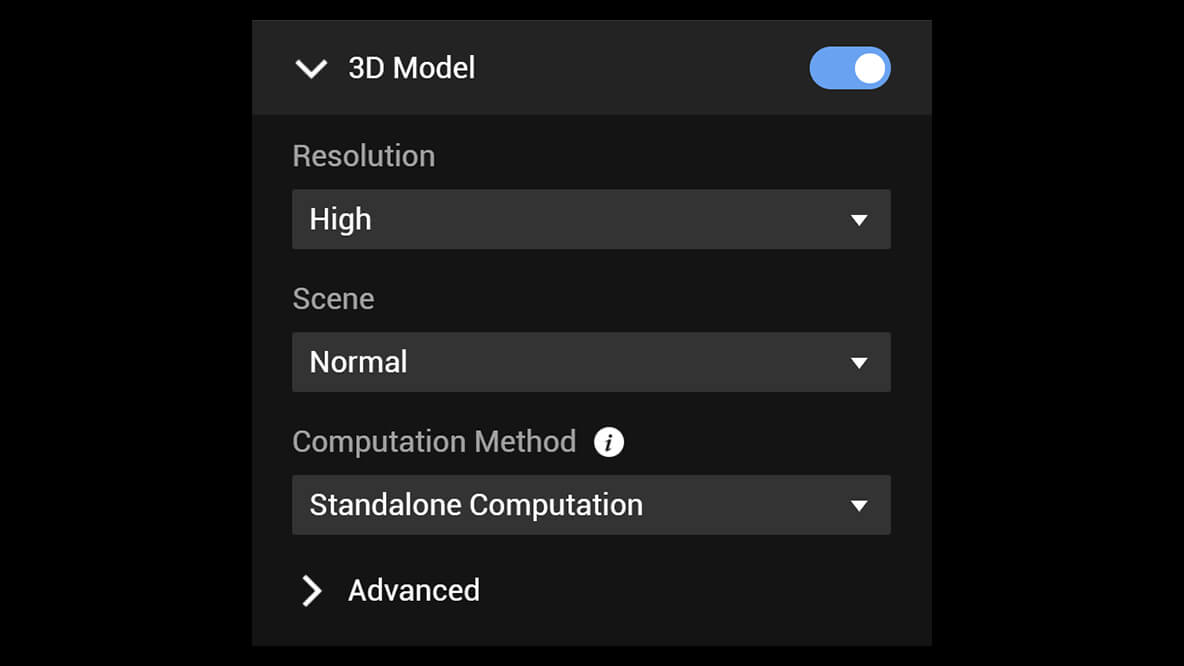 3d model settings menu